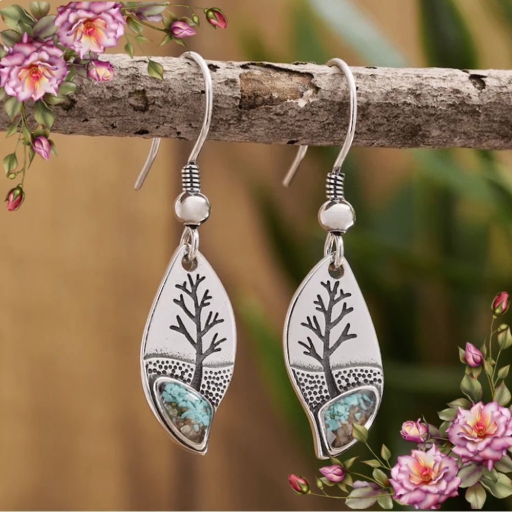 Vintage Minimalist Tree fake Turquoise Pendant‎ Earring